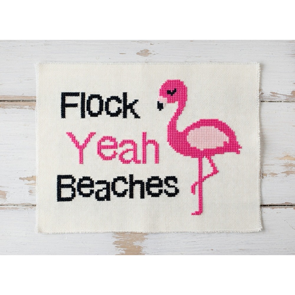 Pink Flamingo – "Flock Yeah Beaches" Quote Counted Cross Stitch Kit - Picture 4 of 5